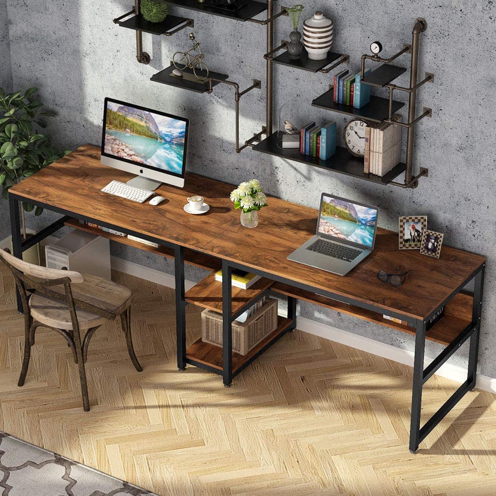 Tribesigns Rustic Brown Two-Person Double Desk with Bookshelf for Home Office - WoodArtSupply