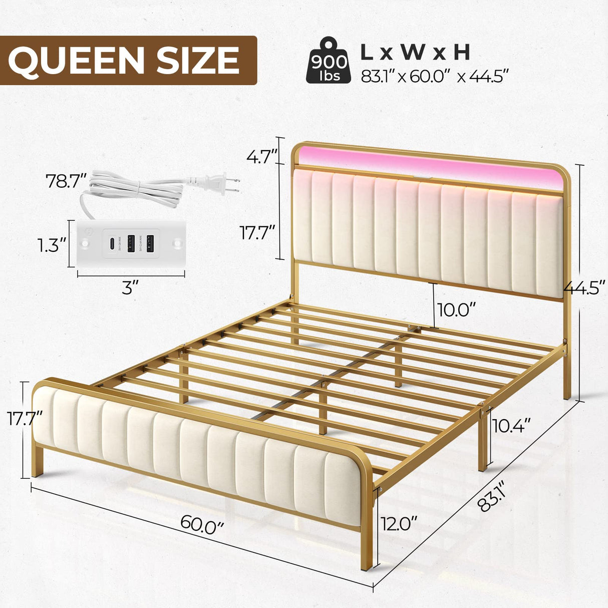 Rolanstar Queen Size Bed Frame with LED Light and Charging Station, Upholstered Headboard and Footboard, Metal Slat, Noise Free, Easy Assembly, Golden Rolanstar