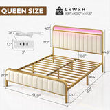 Rolanstar Queen Size Bed Frame with LED Light and Charging Station, Upholstered Headboard and Footboard, Metal Slat, Noise Free, Easy Assembly, Golden Rolanstar