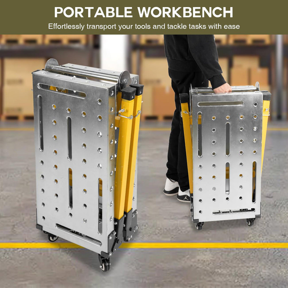 biosp Portable Steel Work Bench, Adjustable Height Welding Table with Folding Legs, Versatile Work Platform with Casters, Carrying Handle, 14 x 56-inch Tabletop, 1100 lbs Load Capacity biosp