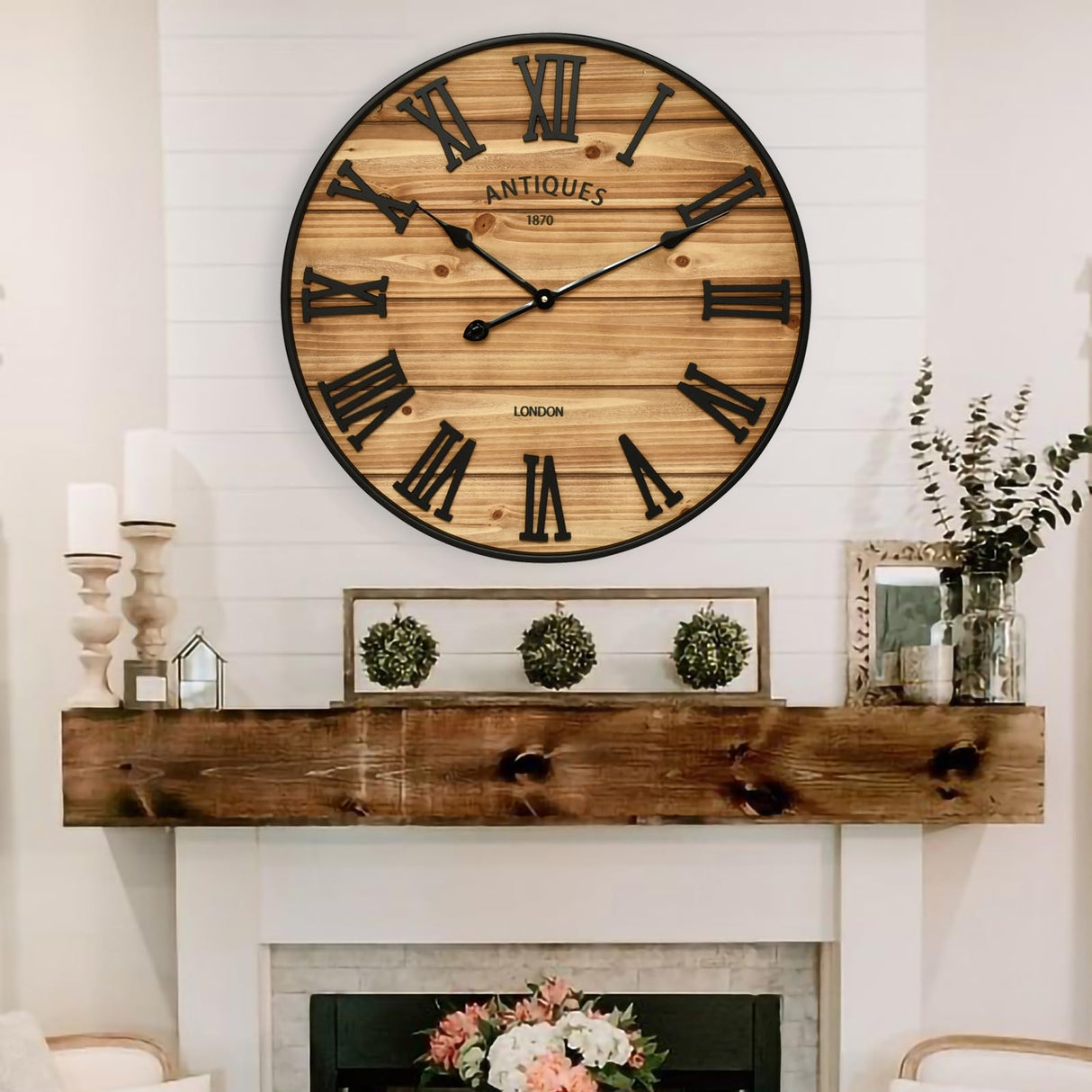 24 Inch Farmhouse Wall Clock - Antique Rustic Wood Finish, Silent Battery-Operated Timepiece with Stylish Decor for Home, Office, Kitchen, Bedroom & Living Room EMAX HOME