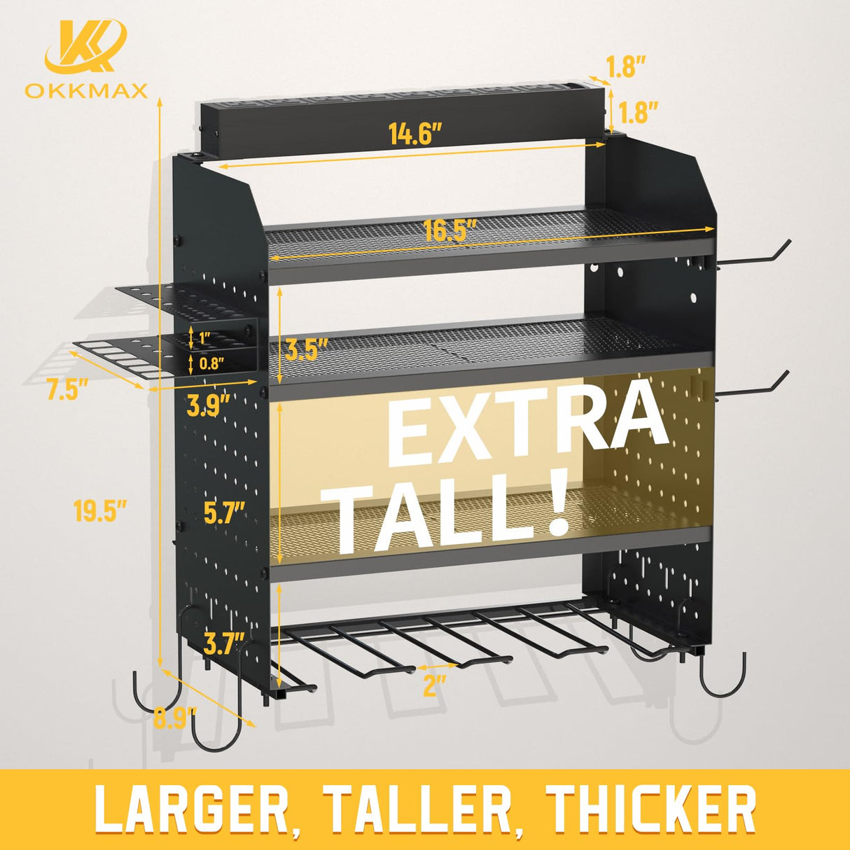 Drill Holder Wall Mount with 8-Outlet Charging Station, 190lbs Load 4 Layers Carbon Steel Heavy Duty Power Tool Organizer Wall Mount for Garage & Workshop, 4 Drill Holders, Modular Pegboard Rack OKKMAX