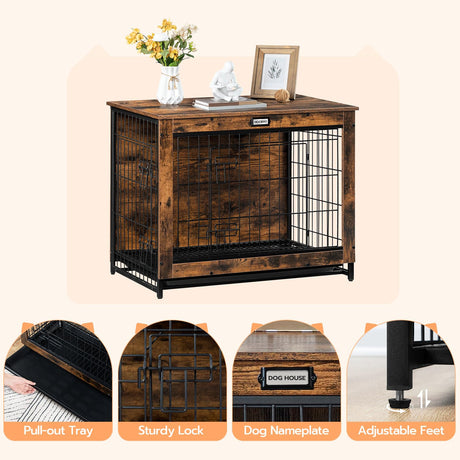 HOOBRO Dog Crate Furniture, Indoor Dog Kennel, Wooden Dog Furniture with Pull-Out Tray, Double Doors Dog House, Modern Side End Table for Medium/Large/Small Dog, 32.5" L, Rustic Brown BF802GW03G1 HOOBRO