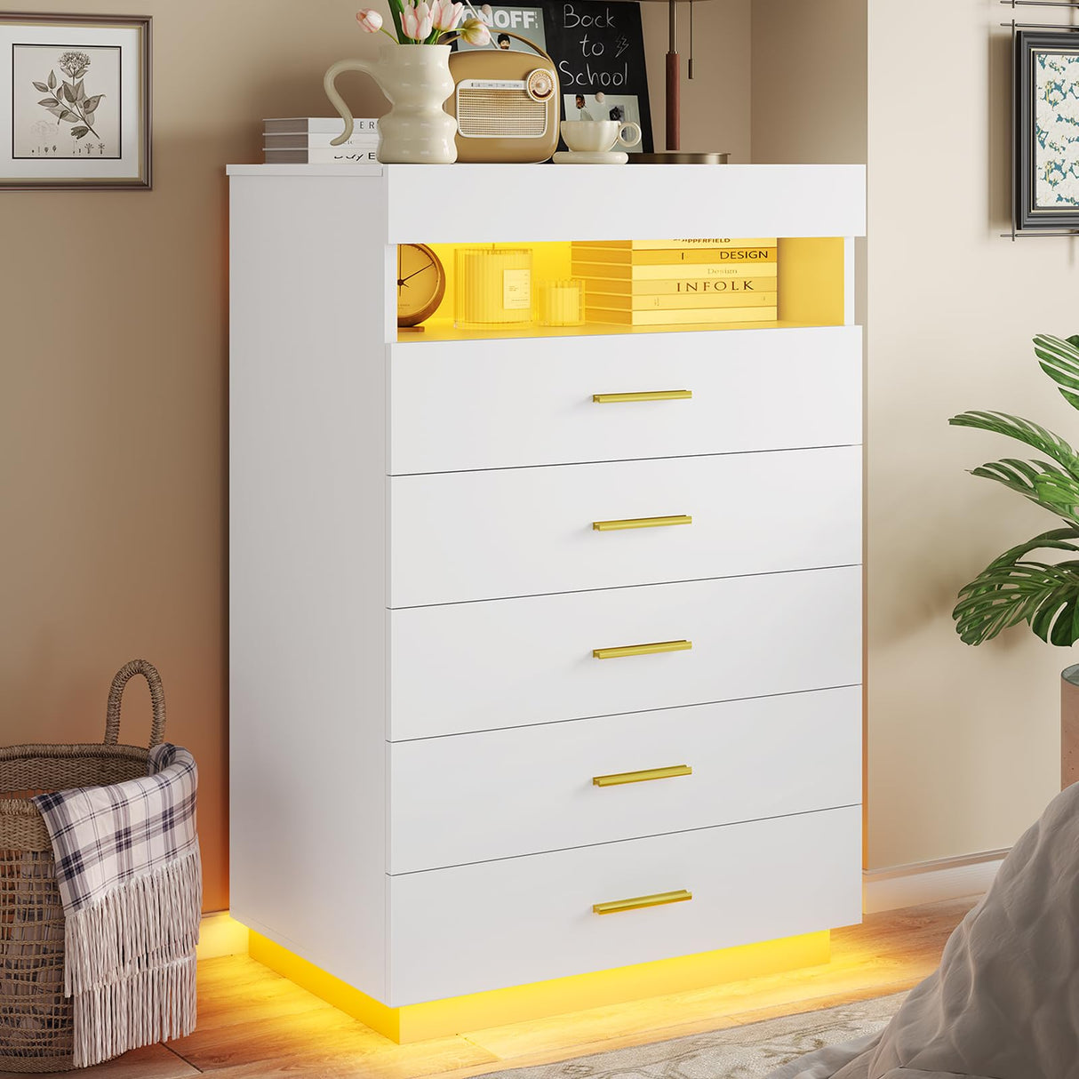 BTHFST White Dresser with LED Lights, Floating Tall Dresser with 5 Large Drawers & Open Storage Space & Pull Out Tray, Chest of Drawers, 5 Drawer Dresser Wood for Bedroom, Living Room BTHFST