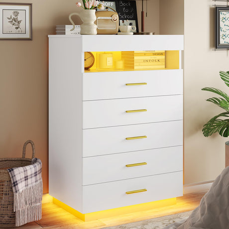 BTHFST White Dresser with LED Lights, Floating Tall Dresser with 5 Large Drawers & Open Storage Space & Pull Out Tray, Chest of Drawers, 5 Drawer Dresser Wood for Bedroom, Living Room BTHFST