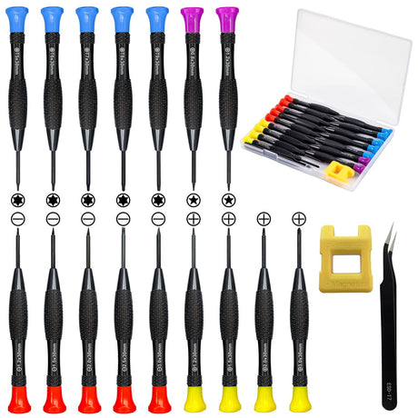 18PCS Mini Precision Screwdriver Set With Case, Lengnoyp Magnetic Small Flathead Phillips Pentalobe Torx Star Screwdriver Set Kit and Tweezers for Repairing Computer Eyeglass Phone Watch lengnoyp