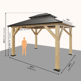 AMERLIFE 10x12 Wood Gazebo, Hardtop Gazebo with Aluminum Double Roof, Outdoor Gazebo with Wood Frame for Parties, Backyard, Lawns, Patio, Black + Natural Wood AMERLIFE