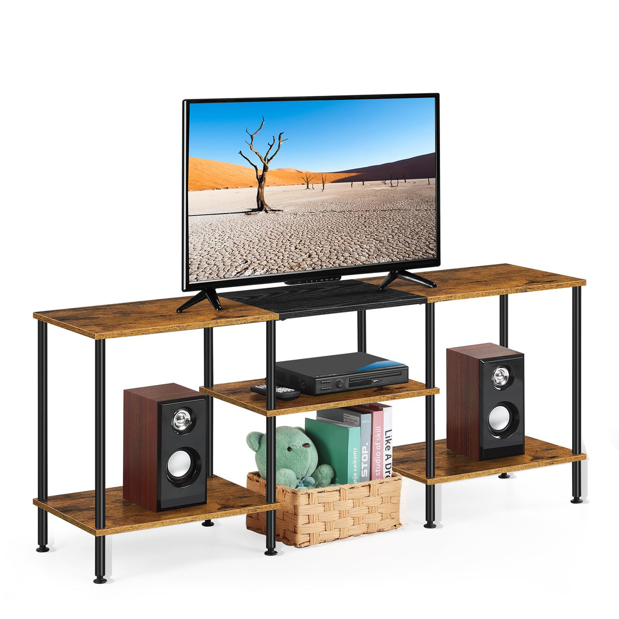 Industrial TV Stand with Storage for 50 inch TV Rustic TV Cabinet with Open Storage Shelf 3 Tier Entertainment Center Wood Console Table with Metal Round Tubes for Living Room Bedroom, Brown BTY