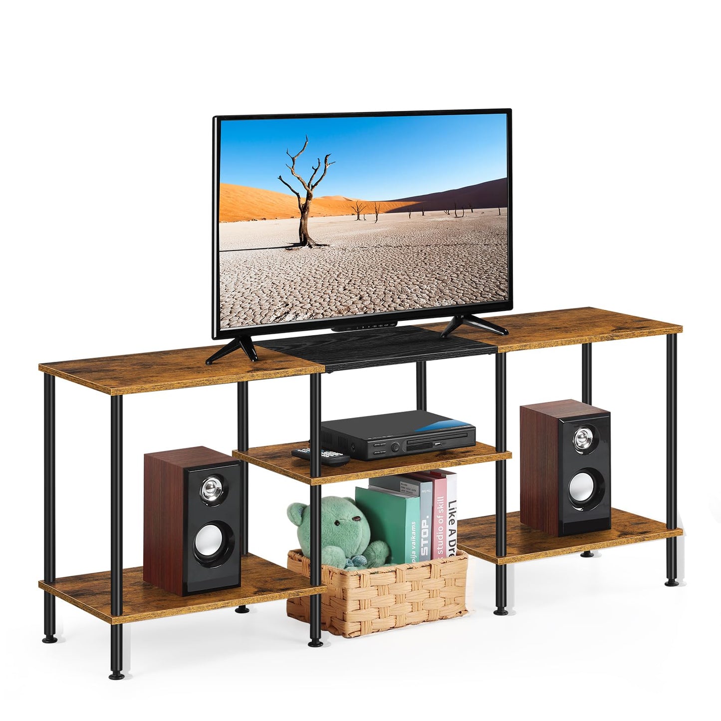 Industrial TV Stand with Storage for 50 inch TV Rustic TV Cabinet with Open Storage Shelf 3 Tier Entertainment Center Wood Console Table with Metal Round Tubes for Living Room Bedroom, Brown