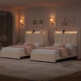 HITHOS 2 Set Upholstered Twin Led Bed Frame with Charging Station and Storage Drawer, Velvet Princess Platform Bed Frames with Crystal-Button Tufted Headboard for Girls, No Box Spring Need (Beige) HITHOS