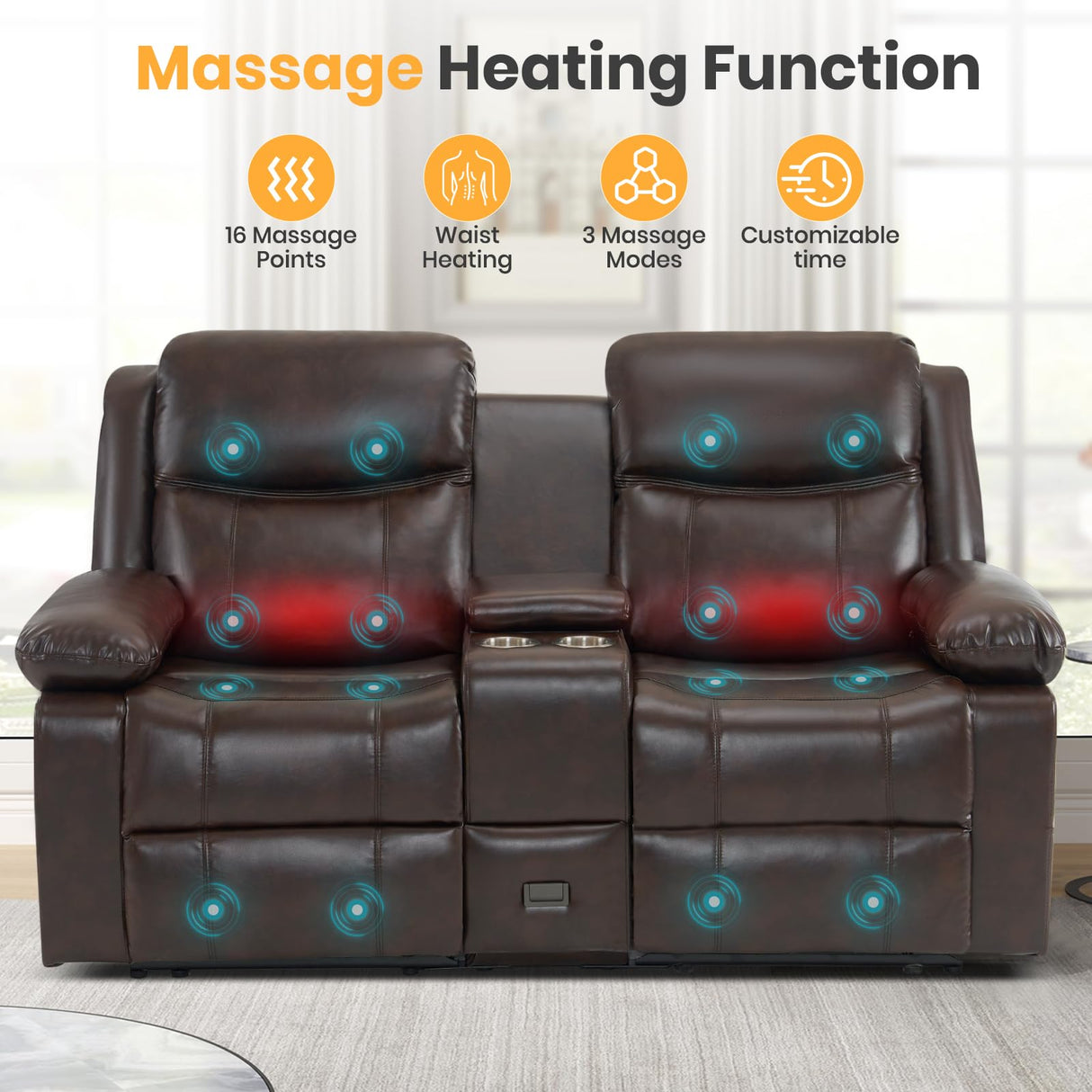 RIHEREFY Loveseat Recliner Sofa with Massage & Heating, Reclining Loveseat with Console, RV Wall Hugger Double Loveseat Recliner Couch for Living Room & Home Theater (Brown) RIHEREFY