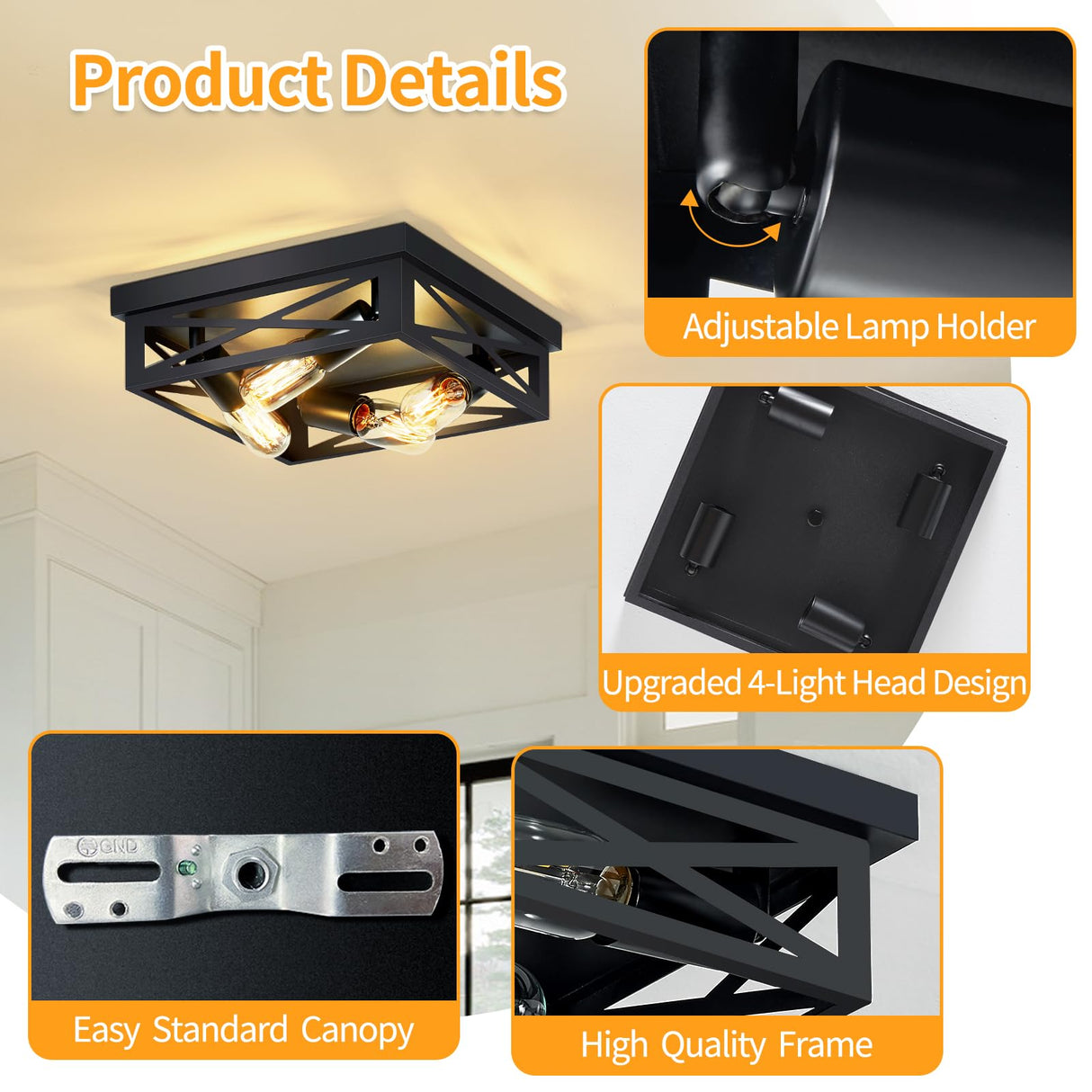 ZHU YAN Farmhouse Ceiling Light Fixture, 2 Pack Square Black Metal Cage Ceiling Lamp for Kitchen Entryway Hallway (4-Light) ZHU YAN