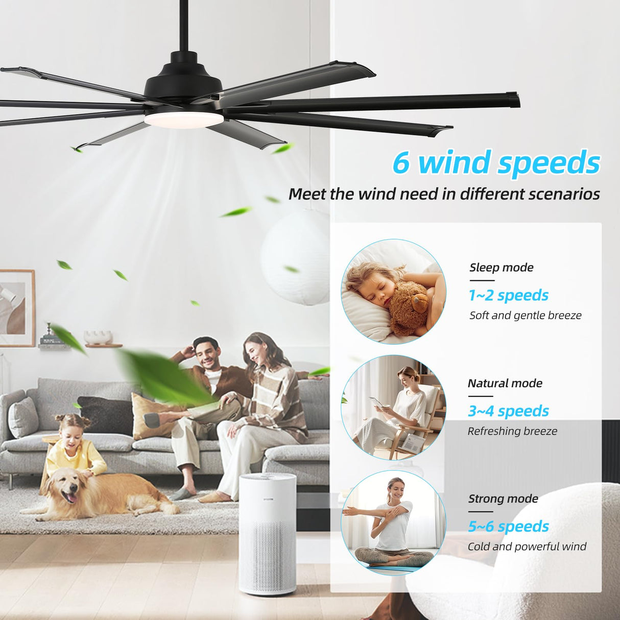 RIENAZA 72 inch Ceiling Fans with Lights and Remote Control，Large Ceiling Fan with 8 Aluminum Blades, 3CCT, 6-Speed,Black Commercial Ceiling Fan for Porch/Garage/Shop/Living Room RIENAZA