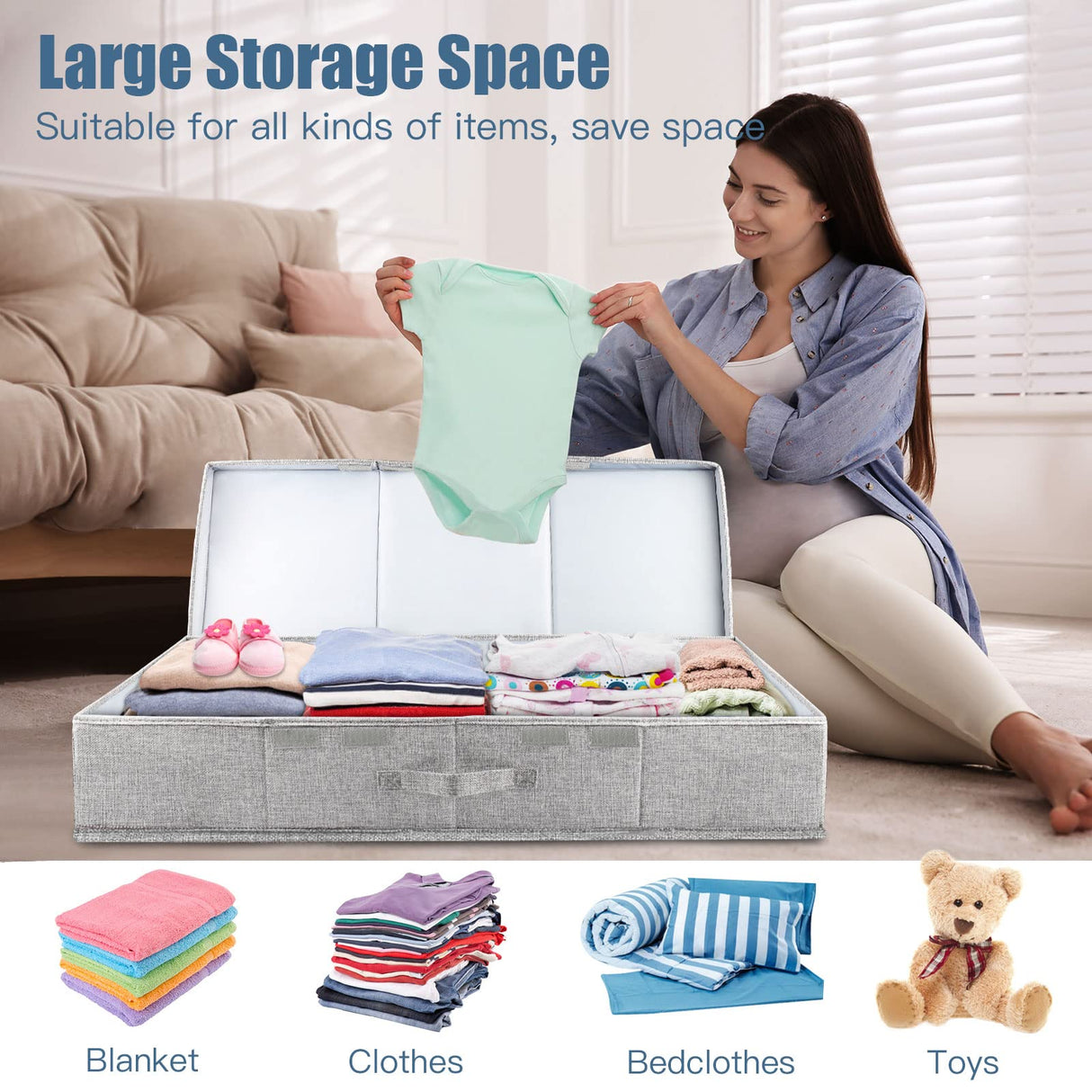 Supowin Underbed Storage Containers Bin with Lids (Set of 1) Large Under Bed Storage Organizer Box with Handle, Foldable Under the Storage Bags for Organizing Clothes, Shoes, Blankets, Pillows-Grey Supowin