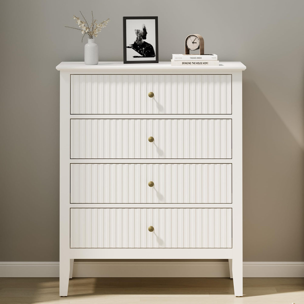 RoyalCraft White Fluted 4 Drawer Dresser for Bedroom, Modern Chest of Drawers, Wood Dresser for Storage Clothes, Wooden Storage Cabinet Nightstand for Bedroom, Hallway, Living Room, Entryway RoyalCraft