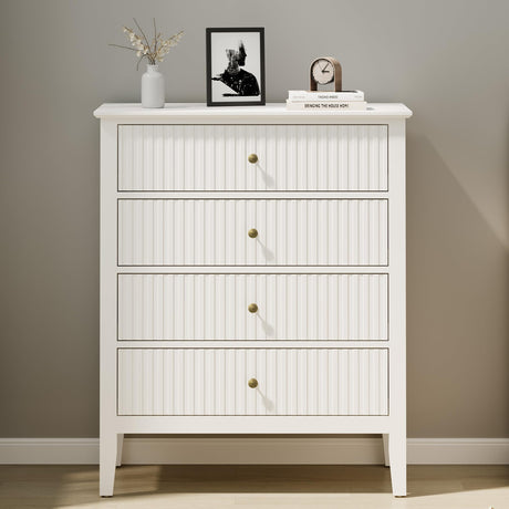 RoyalCraft White Fluted 4 Drawer Dresser for Bedroom, Modern Chest of Drawers, Wood Dresser for Storage Clothes, Wooden Storage Cabinet Nightstand for Bedroom, Hallway, Living Room, Entryway RoyalCraft