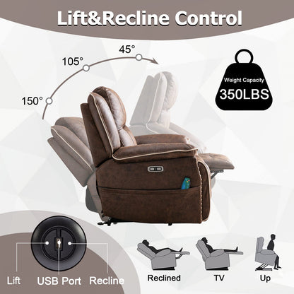 CANMOV Dual Motor Large Power Lift Recliner Chairs with Massage and Heat for Elderly Big People, Electric Faux Leather Recliner with Adjustable Headrest, 2 Concealed Cup Holders, USB Ports, Nut Brown