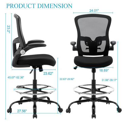 X XISHE Mesh Ergonomic Drafting Chair,Tall Adjustable Office Chair,Standing Desk Chair,Counter Height Office Chairs,Drawing Chair with Adjustable Foot Ring and PU Arms (Black) - WoodArtSupply