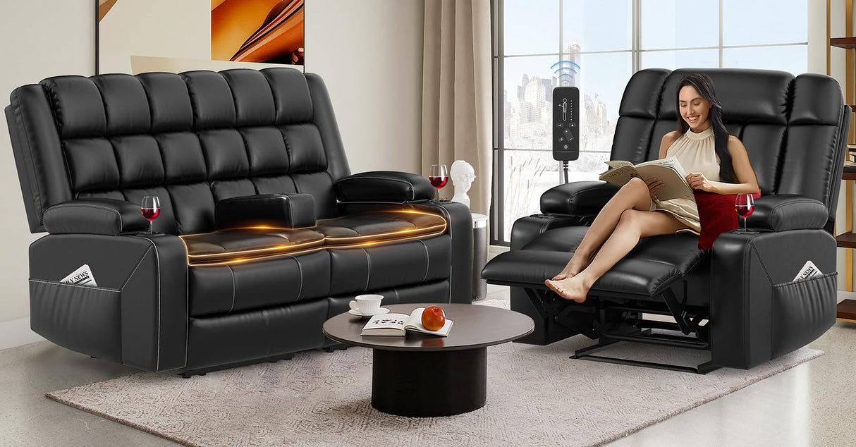 Reclining Sofa and Loveseat Set, Loveseat Recliner and Single Oversized Recliner Chair with Heat Massage, Removable Console, Storage Armrests, Breathable Faux Leather Manual Couches for Living Room Furgatti