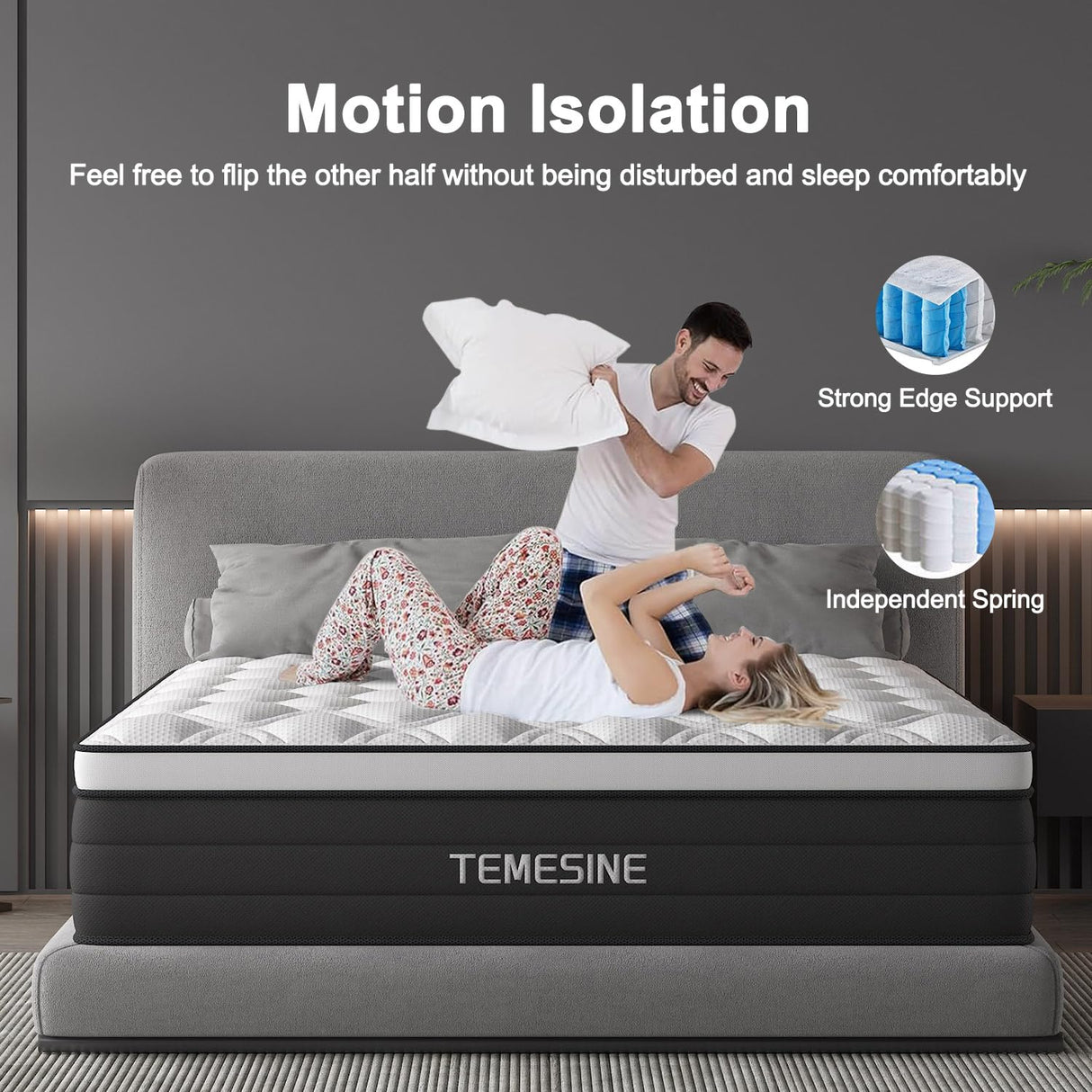 Queen Mattress, 14 Inch Hybrid Mattress in a Box with Individual Pocket Spring, Gel Memory Foam and Euro Top, Medium Firm Feel with Motion Isolation, Pressure Relief, Edge Support,Queen Size Black TEMESINE