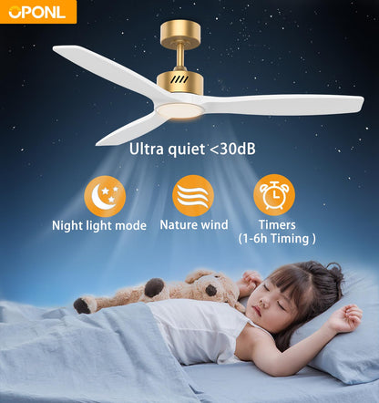 OPONL White Wood Ceiling Fan with Light 52inch, Low Profile, Remote Control, Downrod Mount, Noiseless, Reversible, 6CCT, Dimmable, 6 speeds, Timeable, Ceiling Fans with Lights for Living Room