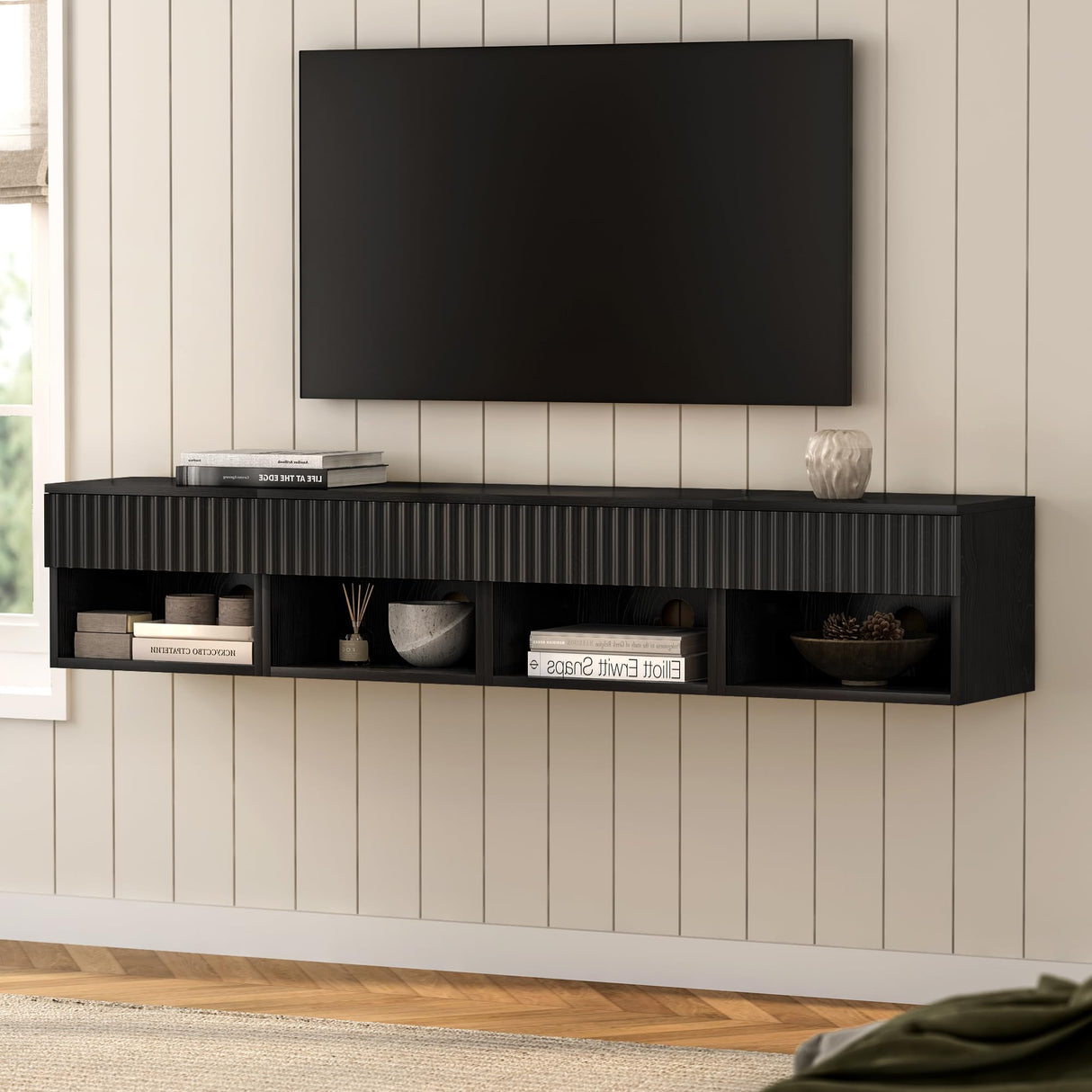 MoomJiee Floating Nightstands Set of 2 with Drawer and Open Shelf, Small Wall Mounted Bedside End Table, Modern Fluted Night Stand for Bedroom, Living Room, Black MoomJiee