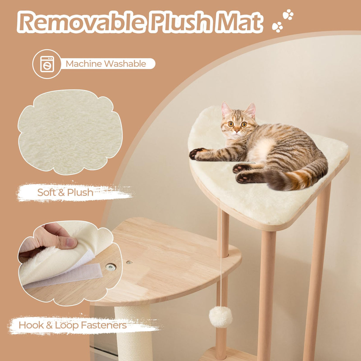 PETSITE 44 Inches Cat Tree, Multi-Level Modern Cat Tower with Sisal Scratching Post and Board, Padded Top Perch, and Hanging Balls, Minimal Wooden Cat Tree Tower for Indoor Cats Large Adult PETSITE