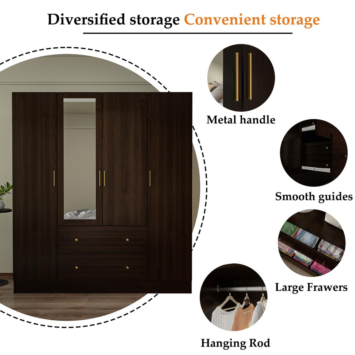 FUNSIR 4 Doors Bedroom Wardrobe, Wood Armoire with Mirror, 2 Clothes Hanging Rails, 5 Storage Shelves and 2 Drawers, 63" Wide Bedroom Storage Unit Clothes Organizer, Dark Brown(70.9" H) FUNISIR