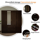FUNSIR 4 Doors Bedroom Wardrobe, Wood Armoire with Mirror, 2 Clothes Hanging Rails, 5 Storage Shelves and 2 Drawers, 63" Wide Bedroom Storage Unit Clothes Organizer, Dark Brown(70.9" H) FUNISIR