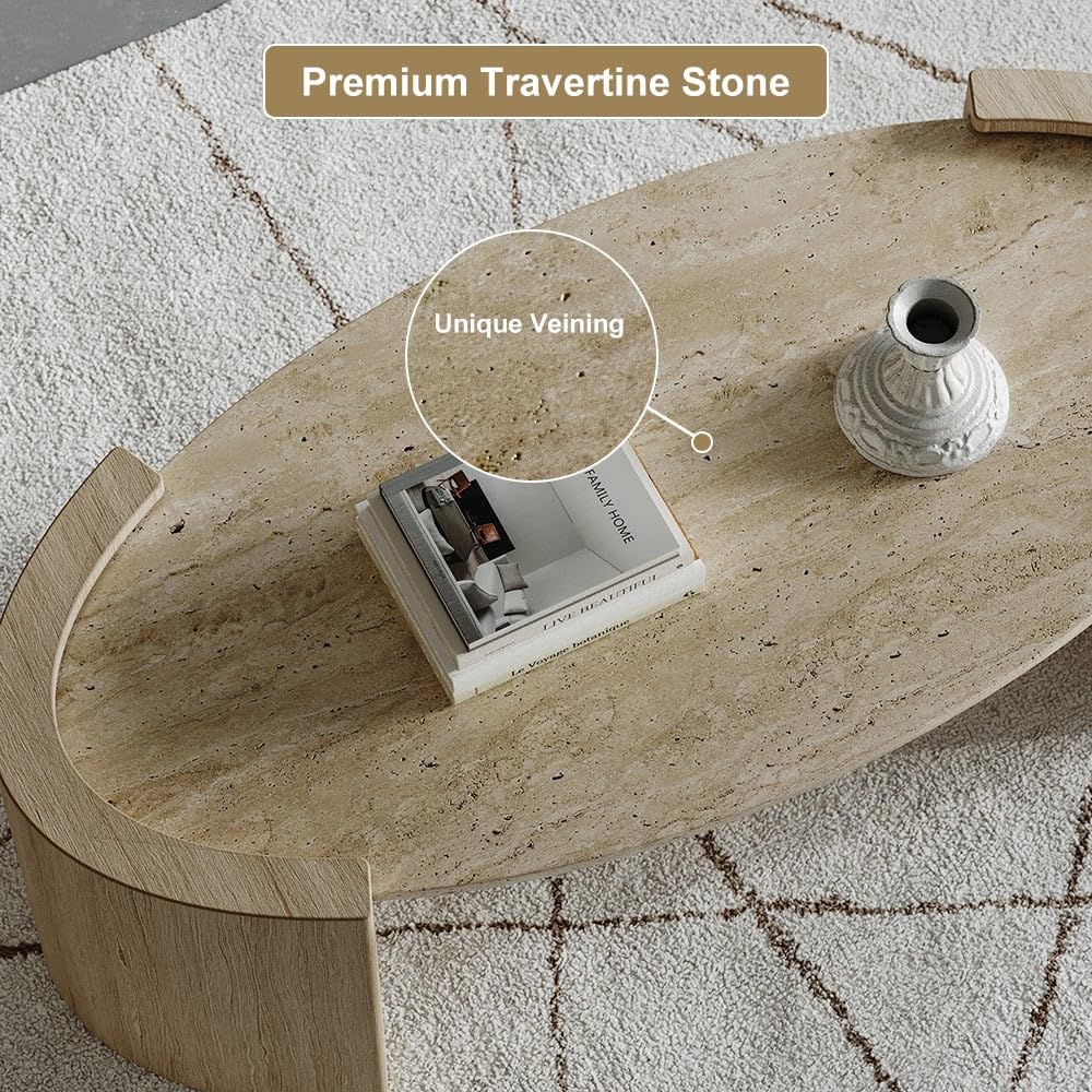 homary 43" Japandi Oval Travertine Stone Top Coffee Table – Double Pedestal Oval Coffee Table with Natural Beige Stone Surface and Engineered Wood Base for Living Room and Lounge homary