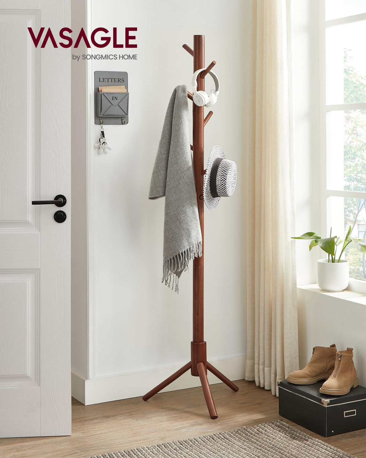 VASAGLE Solid Wood Coat Rack, Free Standing Coat Rack, Tree-Shaped Coat Rack with 8 Hooks, 3 Height Options, for Clothes, Hats, Bags, for Living VASAGLE