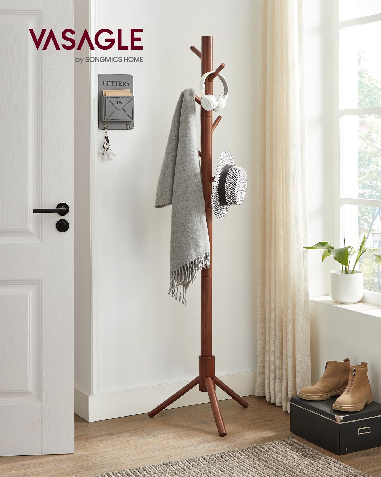 VASAGLE Solid Wood Coat Rack, Free Standing Coat Rack, Tree-Shaped Coat Rack with 8 Hooks, 3 Height Options, for Clothes, Hats, Bags, for Living - WoodArtSupply