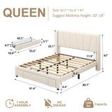 viplov Queen Bed Frame with Storage Drawers, Upholstered Platform Bed with Headboard and Wingboard, No Box Spring Needed, Noise Free, Easy Assembly, Wooden Support Slats, Beige viplov
