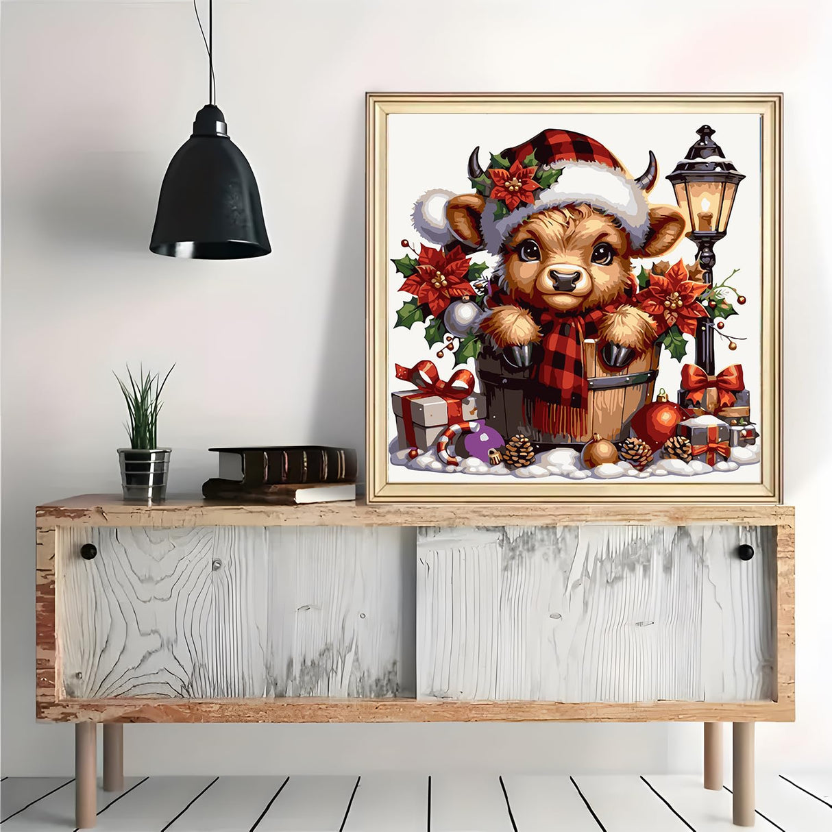Christmas Cow Light Poinsettia Paint by Numbers for Adults, DIY Winter Paint by Numbers Kits for Adults Beginners Without Frame, Acrylic Paint on Canvas Painting Kits for Home Decor 16x16 Inch AWLNKMC