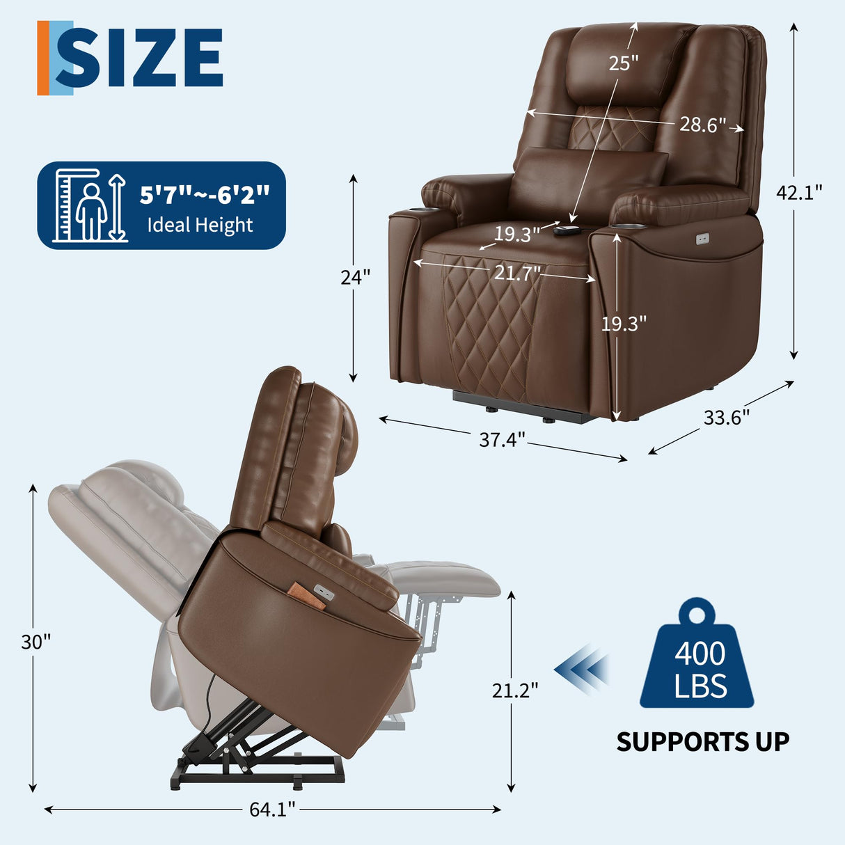 IDEALHOUSE Electric Power Lift Recliner Chair Sofa, Power Lift Chair for Elderly, 3 Positions, Side Pockets, and Cup Holders, USB Ports, Recliner Chair with Remote for Living Room, Brown IDEALHOUSE