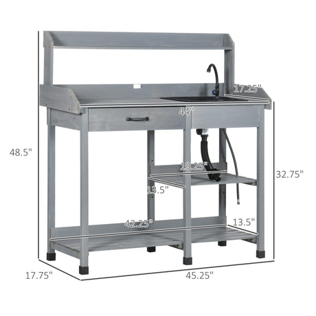 Outsunny Potting Bench Table, Outdoor Garden Table Wooden Work Station with Removable Sink, Faucet, Drawer, Shelves, Hooks, Gray Outsunny