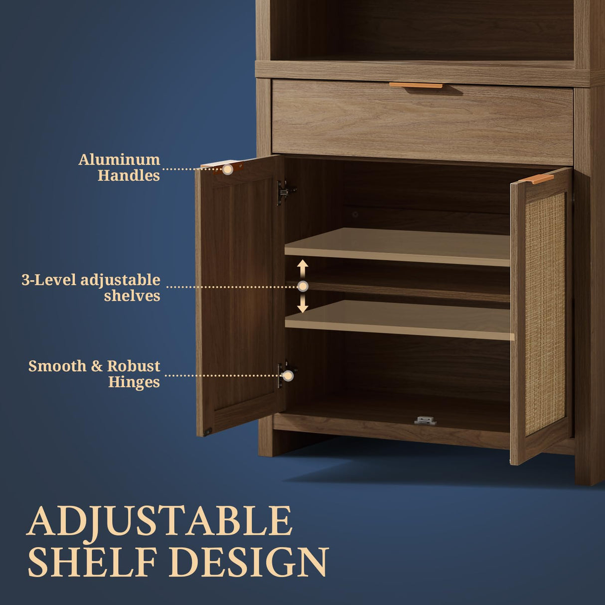 OAKHAM HOME Hampstead Bookcase, Rattan Bookcase with Doors Cabinet and Drawer, 5-Tier Bookshelf, Large Wooden Book Case, Tall Bookshelves for Library Living Room (Special Walnut, 2 Pieces) OAKHAM HOME