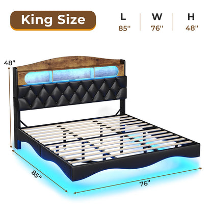 BTHFST Floating King Size Bed Frame with LED Lighting and Hidden Storage Headboard - WoodArtSupply