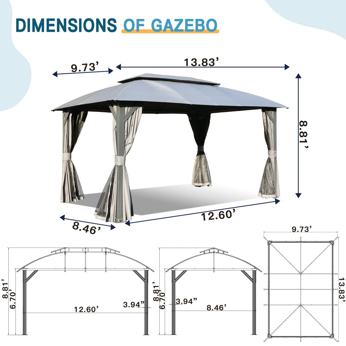 Domi 10'x14' Gazebo with Double Roof Soft Top, Patio Gazebo Canopy Tent, Upgraded 4’‘ Metal Frame for Deck Backyard Garden Lawns Gray domi outdoor living