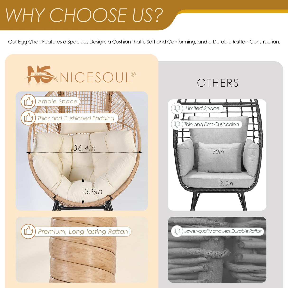 NICESOUL® Indoor Outdoor Stationary Wicker Egg Chair Oversized Thick Cushions Egg Seat with Ottoman, 440lbs Egg Basket Lounge Chair with Footrest, Boho Chair for Patio Balcony Bedroom Beige NICESOUL