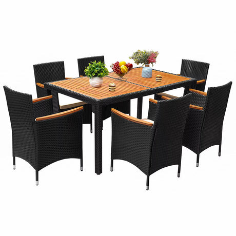 Flamaker 7 Piece Patio Dining Set Outdoor Acacia Wood Table and Chairs with Soft Cushions Wicker Patio Furniture for Deck, Backyard, Garden Flamaker