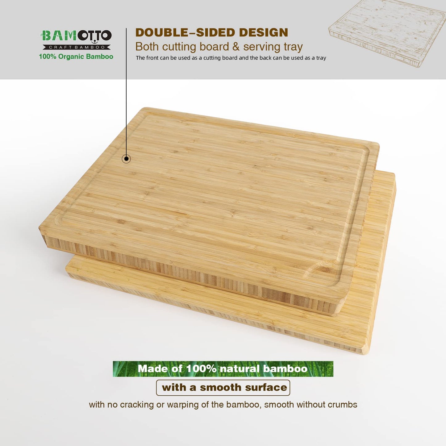 BAMOTTO 1.4" Thick Bamboo Cutting Board, Kitchen Heavy Duty Butcher Block Chopping Board with Juice Groove, for Meat, Turkey, Pork Ribs & Vegetables, 100% Organic Bamboo, 17.7" x 13.2"