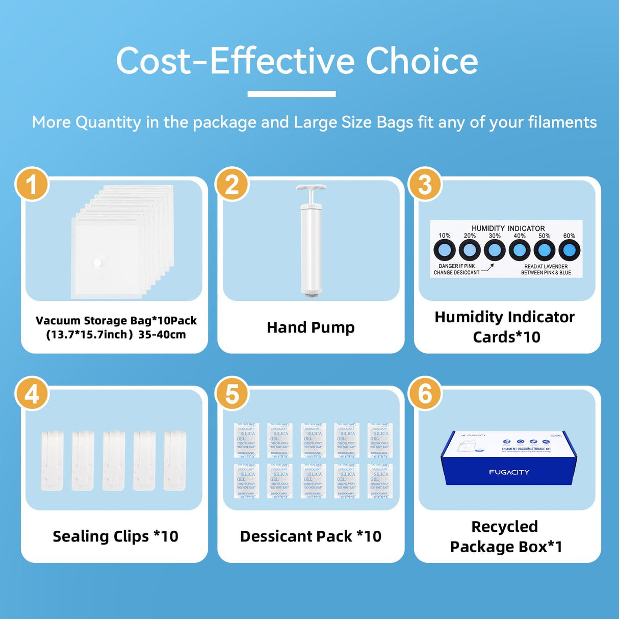 3D Printer Filament Storage Vacuum Bags Kit-Reusable Bag ×10 Pack 35 * 40cm with 10 Desiccants /10 Humidity Card /10 Clips/1 Hand Pump,DustProof and Humidity Resistant for Keep Filament Clean & Dry FugaCity