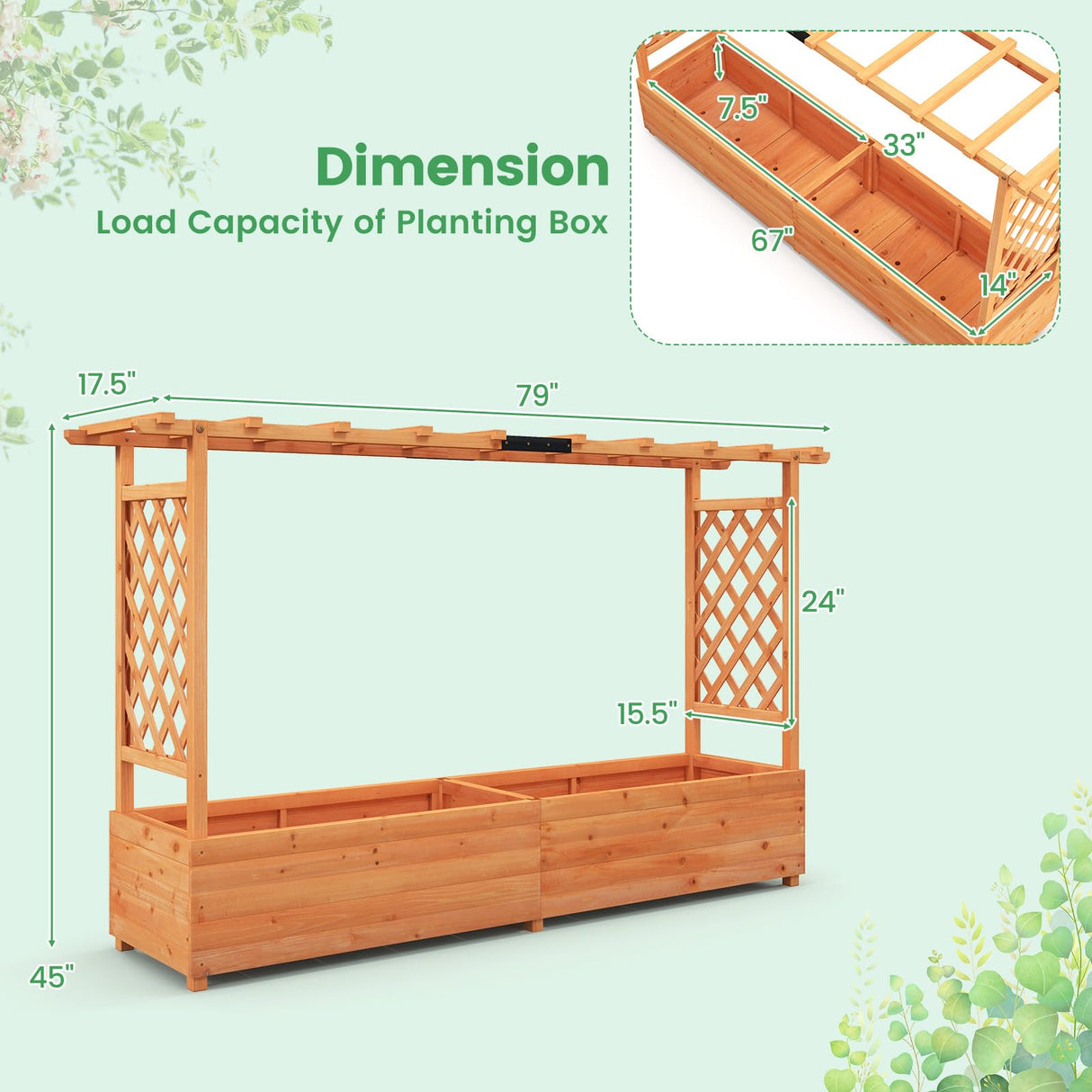 Giantex Raised Garden Bed with 2-Sided Trellis & Hanging Roof, Fir Wood Planter Box w/Drainage Holes, Bottom Gaps, Freestanding Garden Planter for Flowers Herbs Climbing Vines (79" x 17.5" x 45") Giantex
