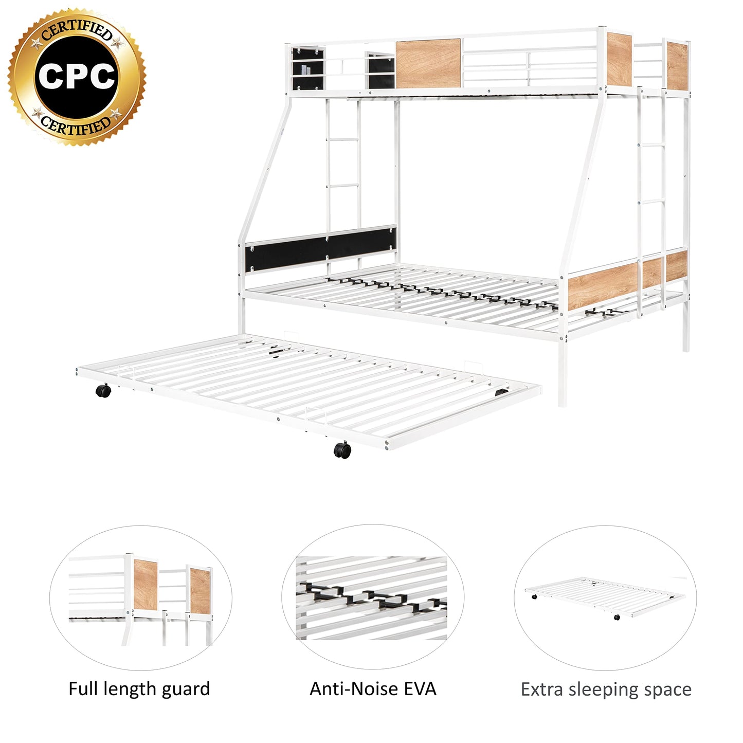 YOPTO Twin Over Full Bunk Bed with Trundle,Heavy-Duty Sturdy Metal,Noise Reduced,Safety Guardrail,Wooden Decoration,Convenient-Trundle,Bunk-Bed for Three,CPC Certified,No Box Spring Needed,White