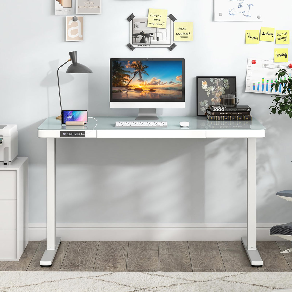 Giantex Glass Standing Desk with Drawer, 48" x 24" Height Adjustable Electric Stand Up Desk with Tempered Glass Top, 2 Memory Positions & USB Type-C Outlets, Sit Stand Desk for Home Office, White Giantex