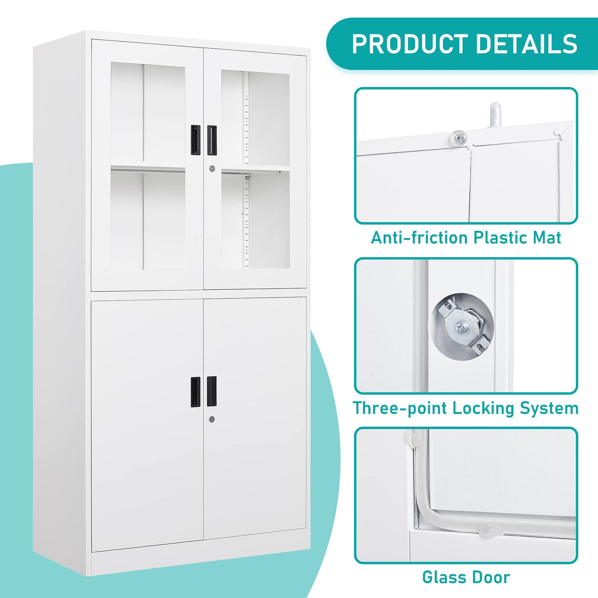 MIIIKO Metal Storage Cabinet with Glass Doors, 2 Tier White Steel Cabinet with Adjustable Shelves and Locking Doors, for Home Office, School and Hospital MIIIKO