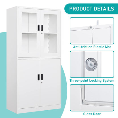 MIIIKO Metal Storage Cabinet with Glass Doors, 2 Tier White Steel Cabinet with Adjustable Shelves and Locking Doors, for Home Office, School and Hospital - WoodArtSupply