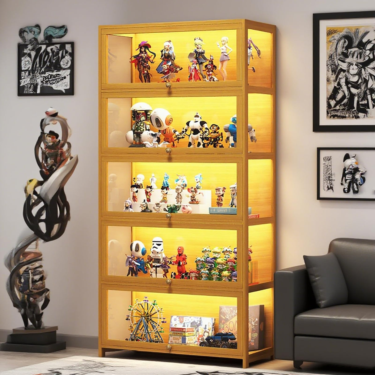 5-Tier Display Cabinet with Acrylic Doors, 67.5" Transparent Curio Display Case for Figures, Collectibles Toy Organizers Rack & Display Shelf, Kids Bookcase for Home, Office, Playroom, Living Room IHGSSKD