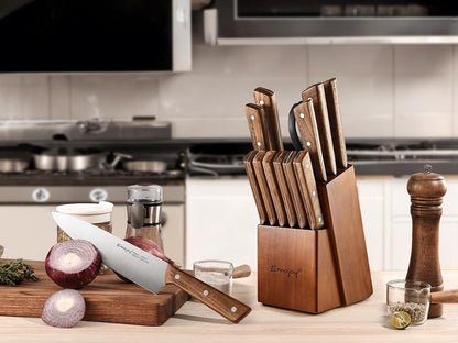 Emojoy Knife Set, 15-Piece Kitchen Knife Set with Block Wooden, Kitchen Knives Sharpener and Scissors German Stainless Steel (Brown) - WoodArtSupply